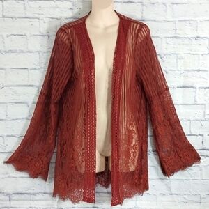 Grace & Emma Open Front Cardigan Brown Lace Floral M/L